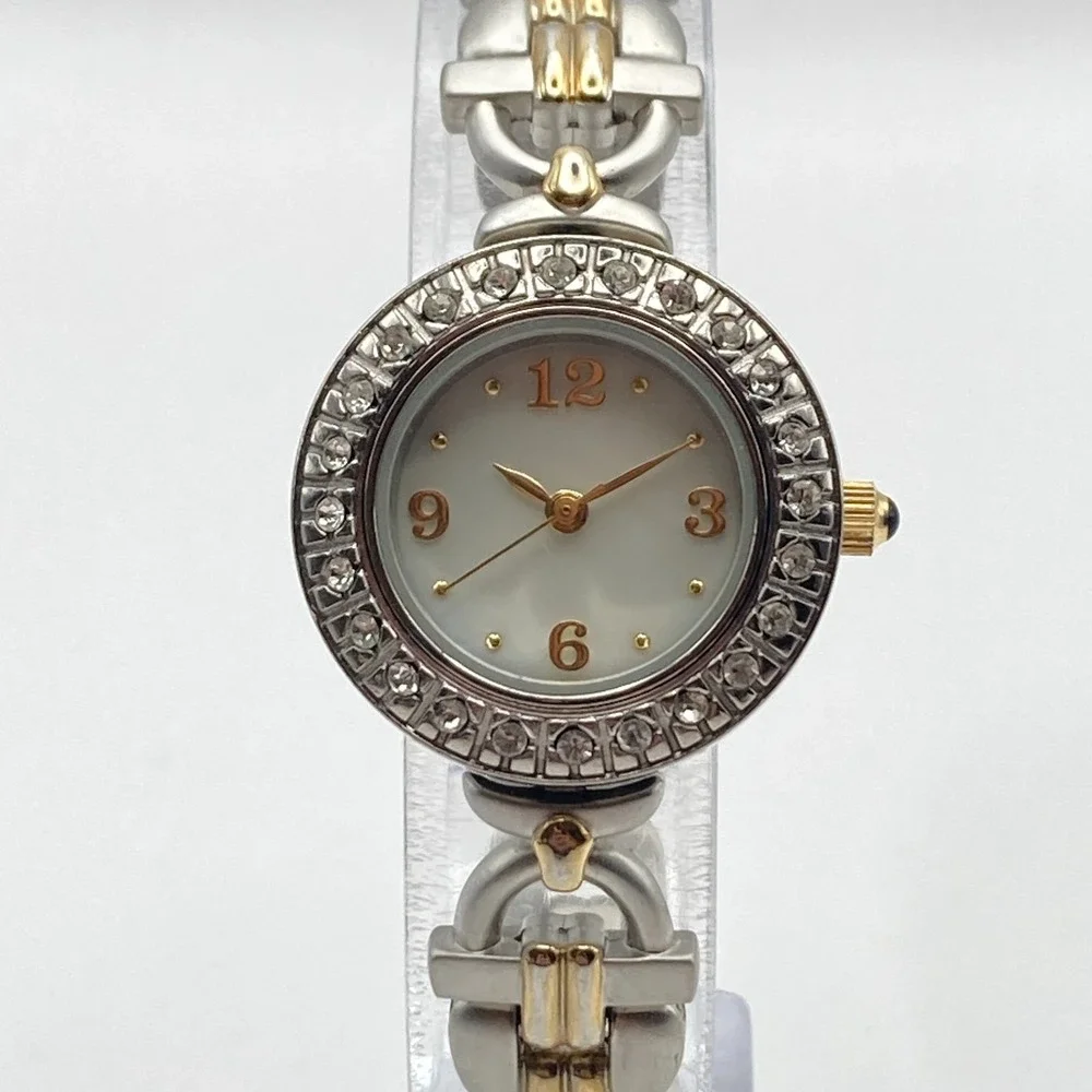 Valetta Women's Watch 25mm Matte Silver Gold Two Tone Crystals New Battery 6.5